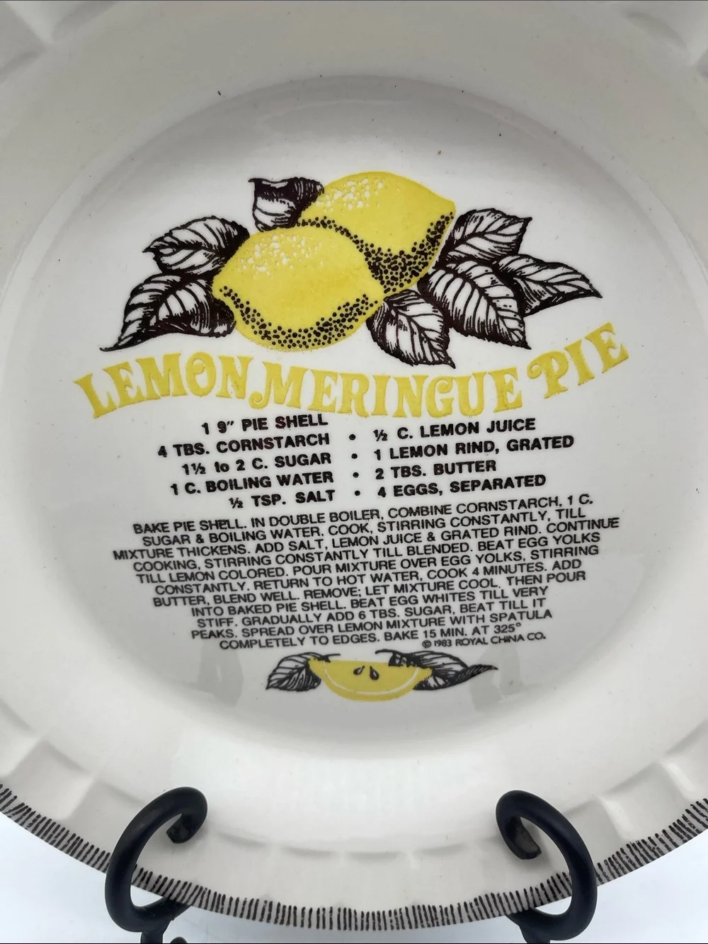 Vintage Lemon Meringue Pie Recipe Dish Plate Royal China 1983 Collectible